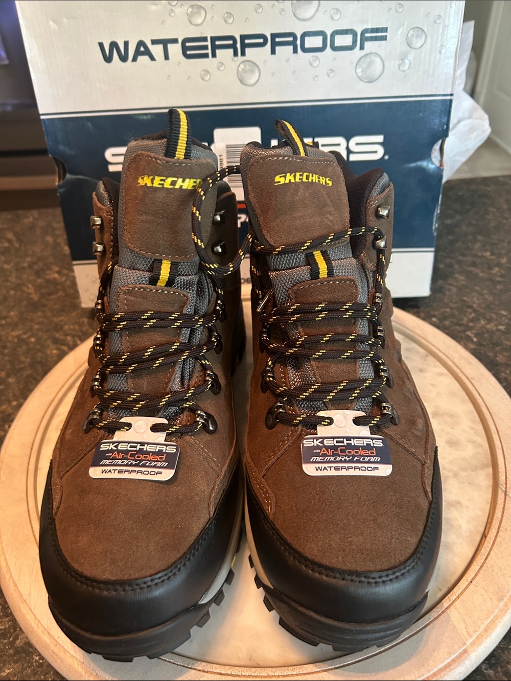 Skechers Men's Brown and Black Waterproof Work Boots with Yellow Accents